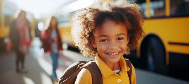 Smiling afro american elementary student girl smiling and ready to board school bus