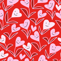 Vector seamless pattern with smiling hearts flowers - 723836596