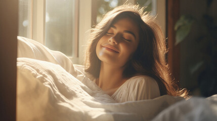 Young beautiful woman lying in bed at home. The girl is resting in bed . - obrazy, fototapety, plakaty