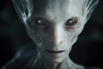 Fototapeta premium Portrait of gray alien with scary facial expression, UFO shot on black background. Generative ai