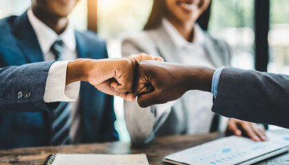 business partners celebrating commitment with a powerful fist bump, symbolizing collaboration, determination, and the beginning of a new startup project