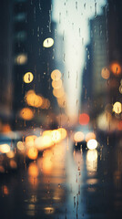 Rain drops on the glass with blurred city background, vintage color tone