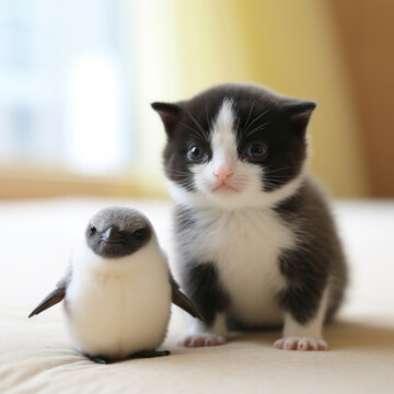 Portrait of tiny cute cat and penguin