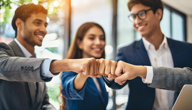 business partners celebrating commitment with a powerful fist bump, symbolizing collaboration, determination, and the beginning of a new startup project