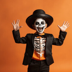 Portrait photo of happy cheerful kid in skeleton costume and make up