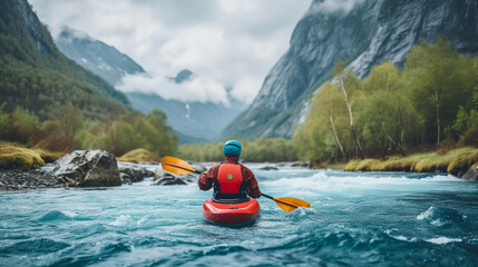 Adventurous Kayaker Navigating Turbulent River Rapids - Extreme Sports and Outdoor Adventure Concept with Majestic Mountain Scenery