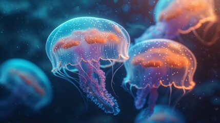 Naklejka premium Jellyfish swim in blue water surrounded by plants