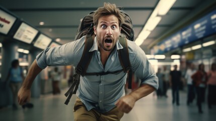 A man runs through a train station, late for her flight, a frightened expression on her face