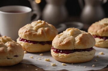 Homemade scones with jam and tea on rustic table