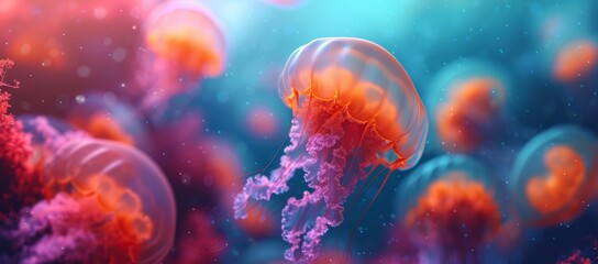 Jellyfish swim in blue water surrounded by plants
