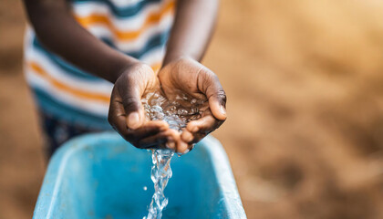 African child's hands at a clean water faucet, symbolizing access to essential resources and hope for a brighter future in Africa - obrazy, fototapety, plakaty