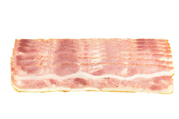 Pork bacon, group of slide bacon, Rows of raw sliced smoked bacon, Raw streaky brisket slices, fresh thin sliced bacon on transparent background, top view, PNG File