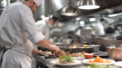 Busy Professional Kitchen in Action - Chefs Cooking and Preparing Meals with Passion in a High-End Restaurant Kitchen