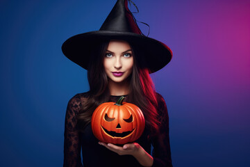 Fototapeta premium Pretty young girl in black dress and witch hat with halloween theme