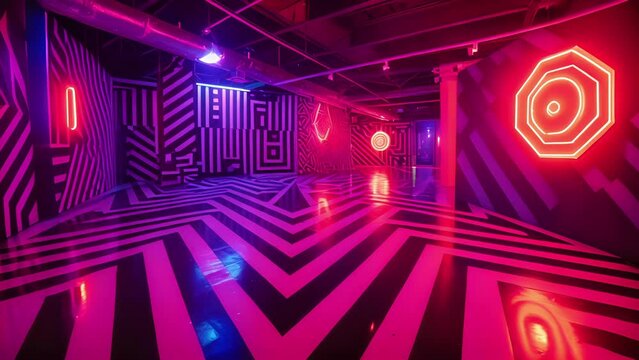The floor of the studio is covered in a bold geometric pattern with pops of neon pink and orange providing the perfect backdrop for a dazzling photo shoot.