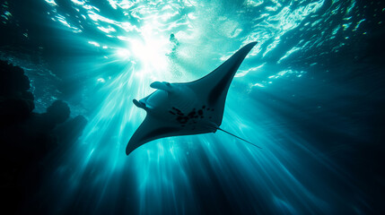 A manta ray swimming in the ocean, sunlight is shining through the water surface - obrazy, fototapety, plakaty