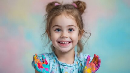 Adorable toddler girl with painted hands