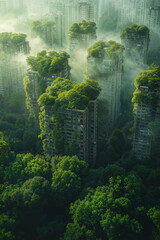 Eco-friendly sustainable city, where buildings seem to merge seamlessly with nature