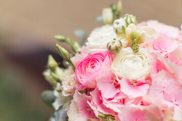 Summer blooming delicate roses on blooming blooming flowers holiday background, pastel and soft bouquet floral card. Copy space. Wedding bouquet