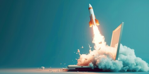 Rocket coming out of laptop screen, blue background. AI digital illustration