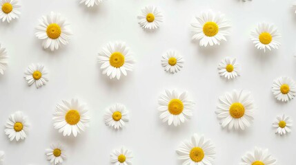 Scattered white daisy petals on simple white background   aesthetic flat lay, top view, background