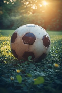 A well-worn soccer ball sits in the grass at sunset