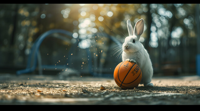 Action photograph of white rabbit playing basketball Animals. Sports