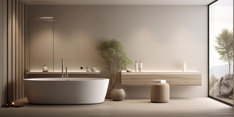 Modern bathroom with gray and wooden walls wooden floor bathtub, minimalist interior design