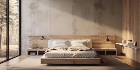 Interior of modern bedroom with white walls, concrete floor, comfortable king size bed and wooden wardrobe, minimalist interior design