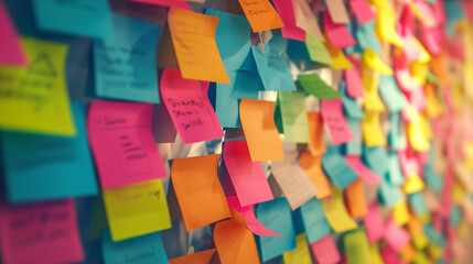 Colorful Post-it Notes on Wall - Brainstorming, Project Planning, and Creative Collaboration Concept in a Busy Workspace