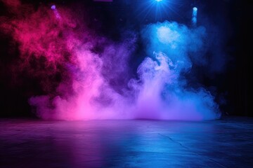 The dark stage shows, empty dark blue, purple, pink background, neon light, spotlights, The asphalt floor and studio room with smoke float up the interior texture for display products Ai generated
 - obrazy, fototapety, plakaty