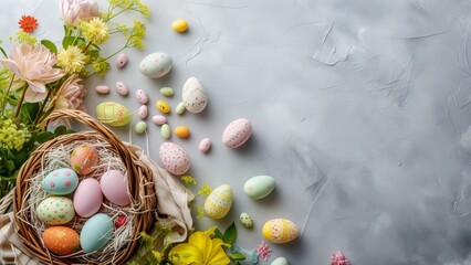 Fototapeta na wymiar Top view flat lay photo of easter decorations painted pastel eggs and candy in basket, flowers on grey background with copy space