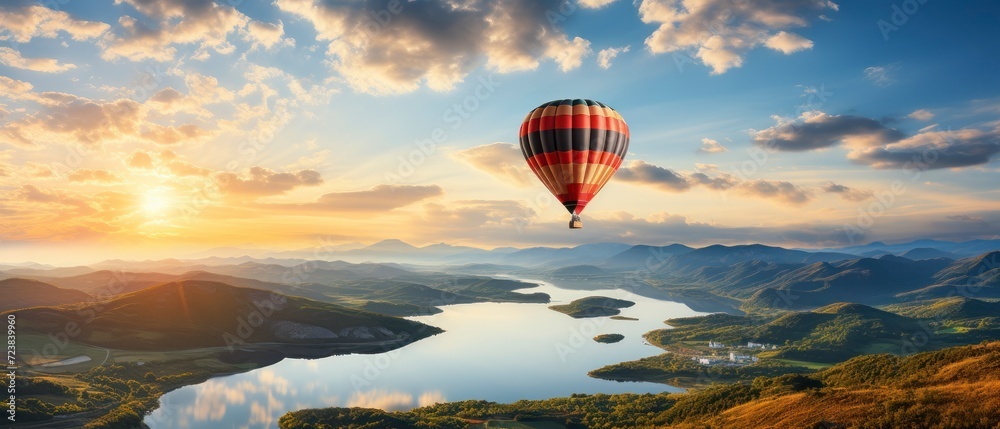 Poster hot air balloon in the blue sky over the mountains. - Posters