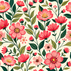 Seamless pattern with small pink blooming flowers and buds. Vector illustration