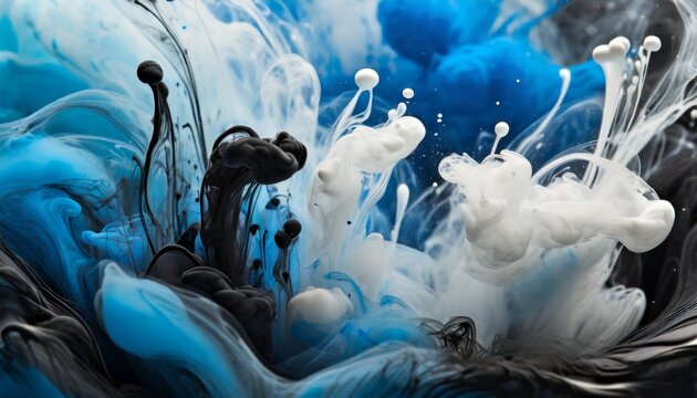 full frame image of mixing of blue black and white paints splashes in water