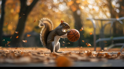 Action photograph of squirrel playing basketball Animals. Sports - obrazy, fototapety, plakaty