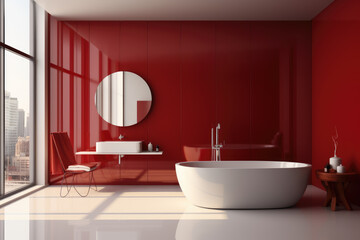 Fototapeta na wymiar Red and white color minimal design modern decorated bathroom interior