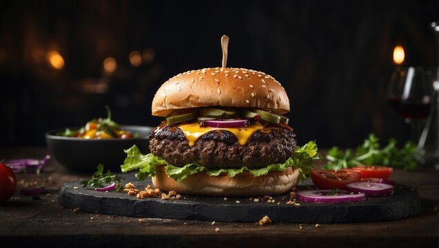 hamburger on a wooden table with black background 
