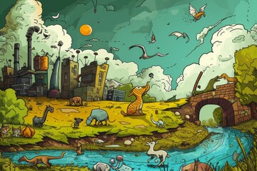 A playful cartoon illustration of animals joyfully living in a pollution-free environment, highlighting the impact of green technologies