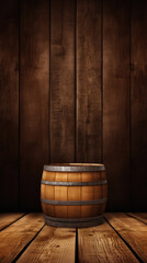 Wooden barrel on old wooden planks background with copy space .