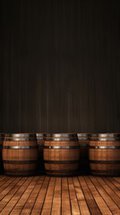 Barrels on a wooden floor against a dark background with vignette