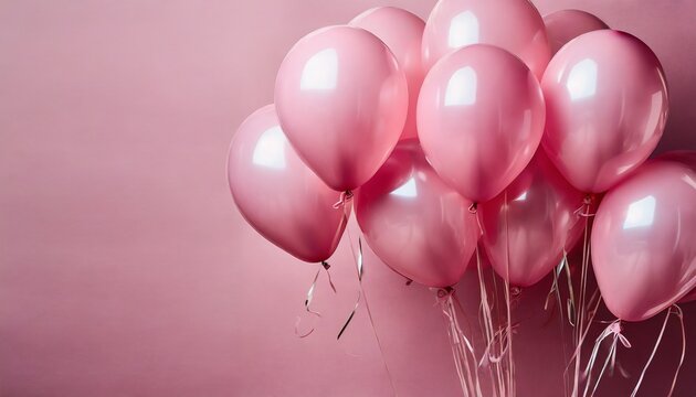 a generative ai image of pink helium party balloons floating on a pink background