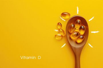 Tablets on a spoon in the center of the sun. Vitamin D - obrazy, fototapety, plakaty