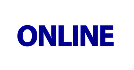 Online - blaue plakative 3D-Schrift, Internet,  soziale Medien, Einkauf, Suchbegriffe, Ranking, Suchmaschine, Website, Internet, eCommerce, Social Media, Marketing, Kommunikation, Gamining