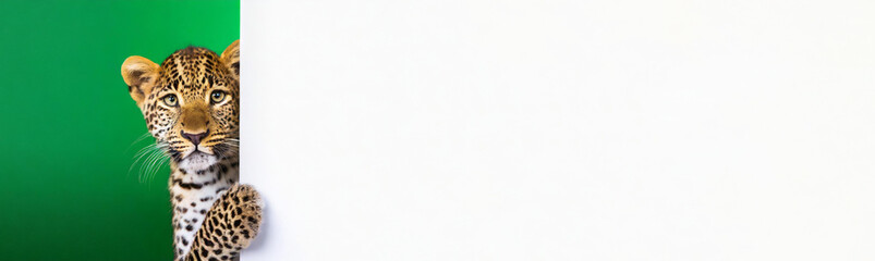 Fototapeta premium Mockup,banner.A cute leopard holds the white blank billboard on green background.copy space.
