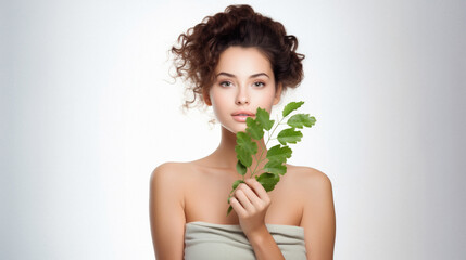 Beautiful young woman with fresh green leaves. Natural beauty concept .