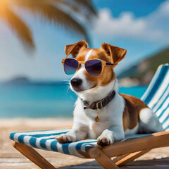 A jack russell terrier dog wearing sunglasses lounges on a sun lounger, dog soaking up the sun and taking a snooze. This image embodies the ideas of summer and vacation.