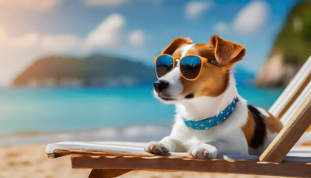 A jack russell terrier dog wearing sunglasses lounges on a sun lounger, dog soaking up the sun and taking a snooze. This image embodies the ideas of summer and vacation.