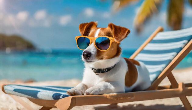 A jack russell terrier dog wearing sunglasses lounges on a sun lounger, dog soaking up the sun and taking a snooze. This image embodies the ideas of summer and vacation.