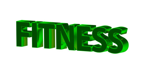 Fitness – grüne plakative 3D-Schrift, Gesundheit, Training, Sport, Ernährung, Abnehmen, Muskelaufbau, Workouts, Fitnessstudio, Cardio, Gewichte, Rendering, Freisteller